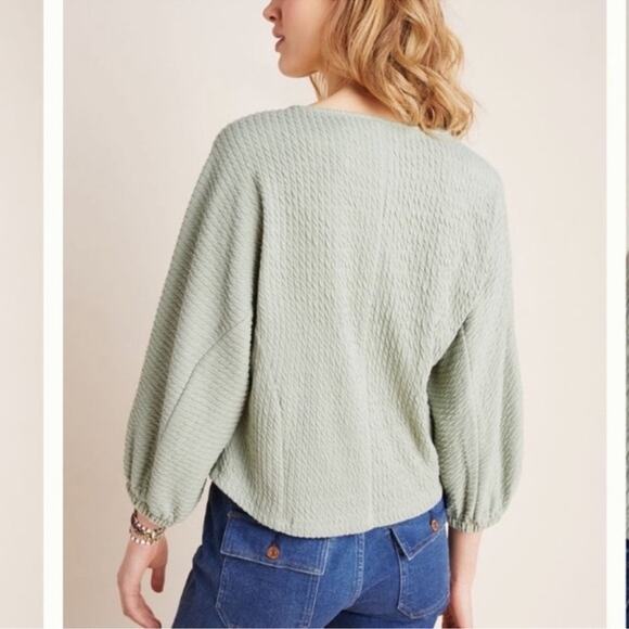 Anthropologie Sage Green Oversized Arya Textured Balloon Sleeve Boat Neck Top - Picture 2 of 8